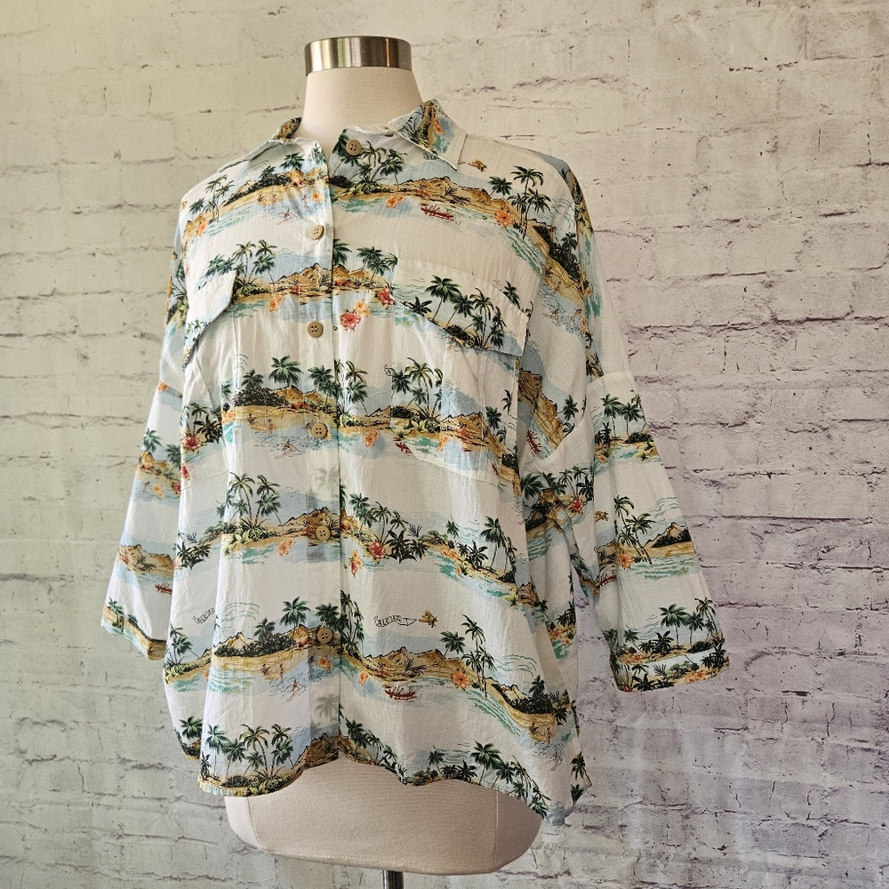 Zara Lightweight Hawaiian Island Print Button Front 3/4 Sleeve Cotton Top Medium